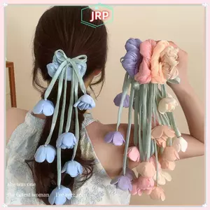 JRP Lily Of The Valley & Tulips Floral Sccrunchie Hair Tie With Dangling Ribbon Accents - Phụ kiện tóc Ethereal dành cho nữ JRP