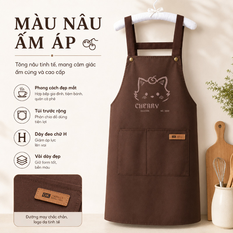 Tạp dề nhà bếp unisex chống nước, chống dầu hiệu quả, in mèo hoạt hình dùng cho gia đình