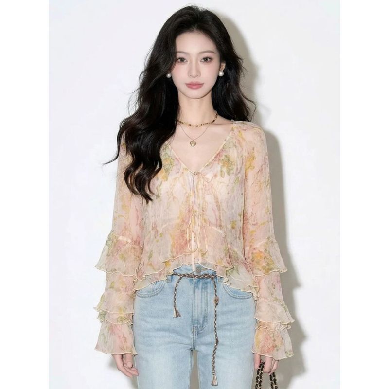 [Khuyến mãi trong thời gian có hạn] Phong cách Hàn Quốc Voan cổ chữ V Xù dài tay Top mỏng Phong cách thoải mái thoáng khí