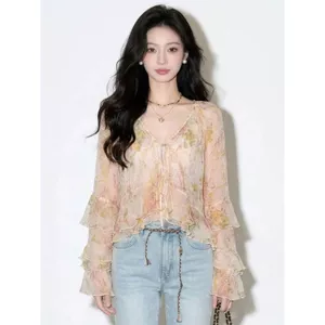 Phong cách Hàn Quốc Voan cổ chữ V Xù dài tay Top mỏng Phong cách thoải mái thoáng khí