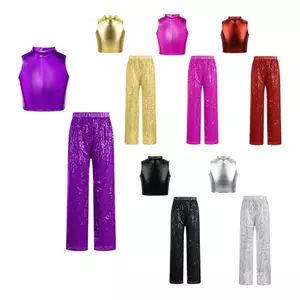 Nyeemya Kids Girls Jazz Dance Performance Trang phục không tay Mock Cổ kim loại Crop Top với dây thắt lưng đàn hồi Quần Sequin lấp lánh