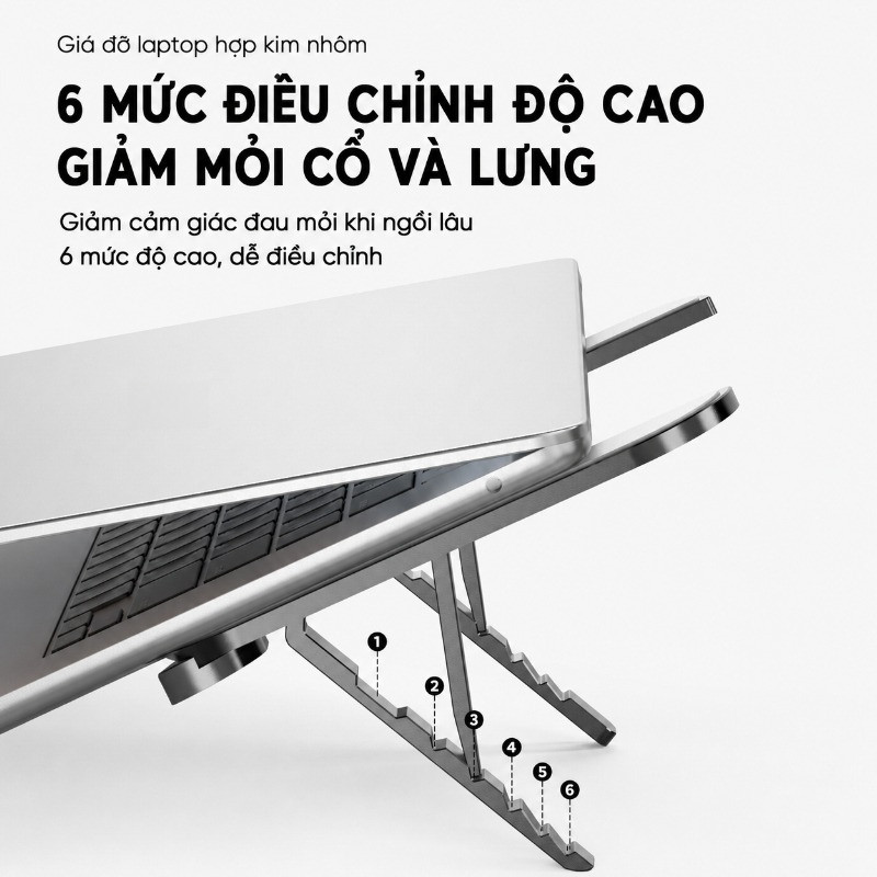 Giá Đỡ Laptop Hợp Kim Nhôm, Gấp Gọn, 6 Mức Điều Chỉnh Độ Cao, Chống Trơn Trượt, Máy 10-17 Inch