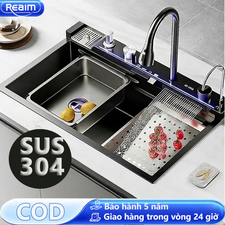 Chậu Rửa Bát 1 Hố chén inox 304 cao cấp có phím đàn điều khiển và vòi xịt rửa ly cốc chống trầy xước tốt