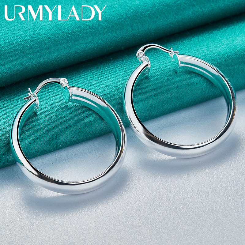 URMYLADY Bạc 925 Tròn Mịn Vòng Bông Tai Tai Vòng Tai Cho Nữ Thời Trang Quyến Rũ Cưới Đính Hôn Trang Sức