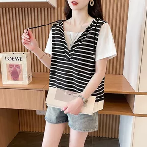 Áo thun ngắn tay sọc mùa hè thời trang mới giản dị phong cách ngắn có mũ trùm đầu phiên bản Hàn Quốc dành cho nữ