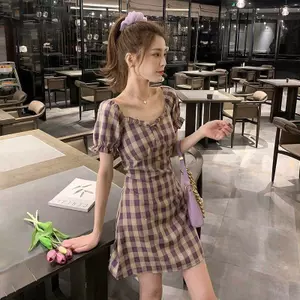 Đầm mùa hè phong cách Hàn Quốc cổ điển một vai eo hẹp mỏng vừa vặn hơn Váy ca rô