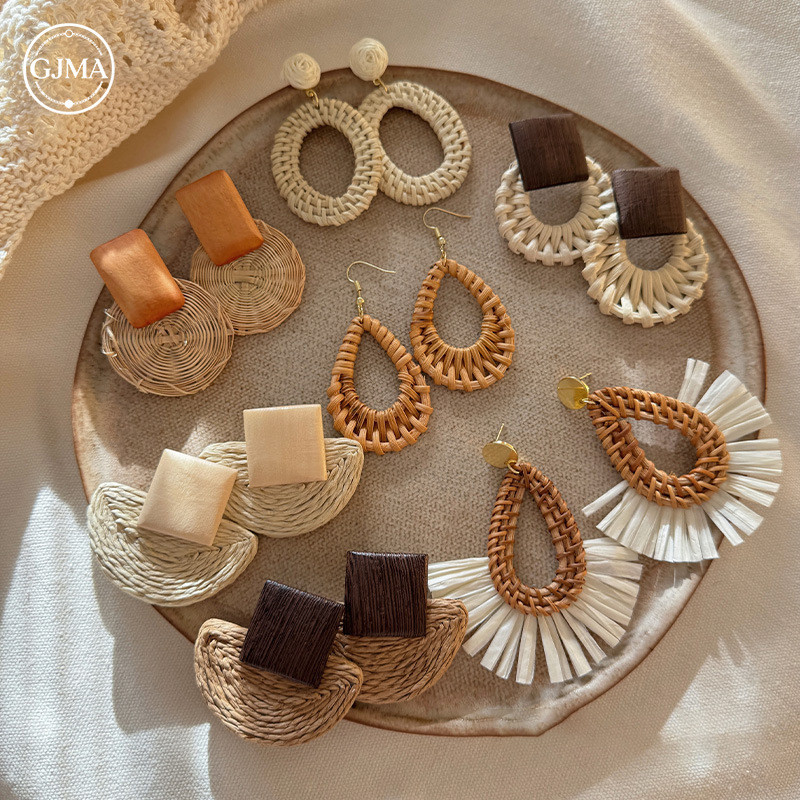 Bông tai mây Bohemian raffia thời trang retro phong cách nghỉ mát phụ kiện dành cho nữ