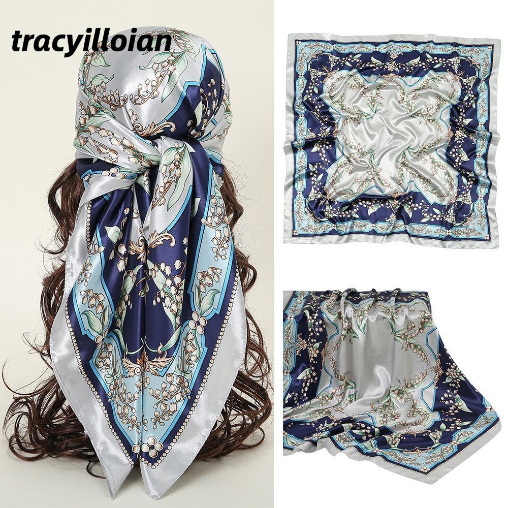 Khăn quàng đầu nữ TRACEILLOIAN, Khăn choàng tóc cỡ lớn vuông 90 * 90cm, Khăn choàng nữ lụa Satin mềm in hình thanh lịch