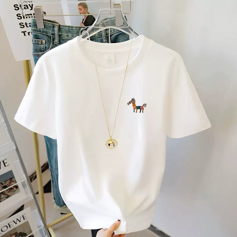 （Giao hàng 24h）Angela Áo thun nữ Cotton dáng rộng in hình Ngựa nhỏ ALICEVN, Áo phông nữ chất cotton 4c