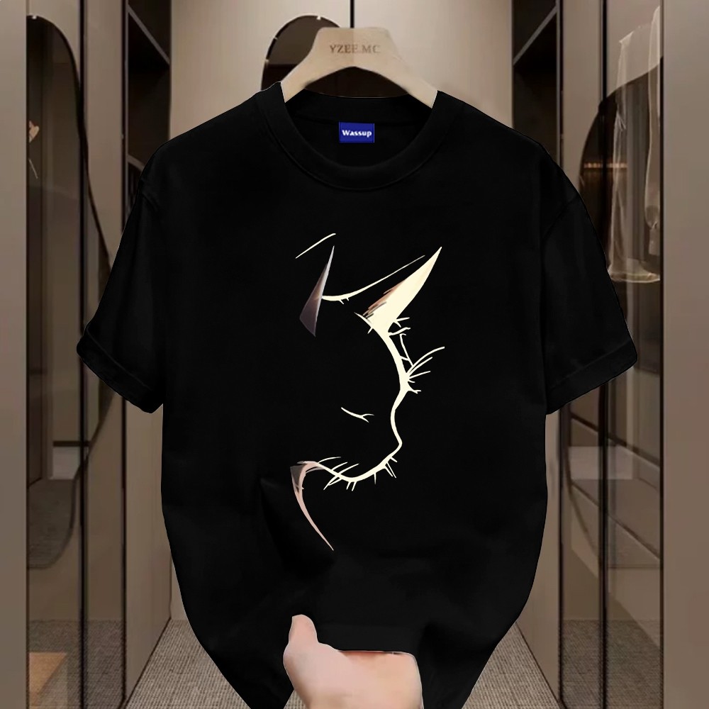 （Giao hàng 24h）Angela  Light Cat Shadow Print-Áo thun nam mới! 100% cotton, thời trang, Unisex