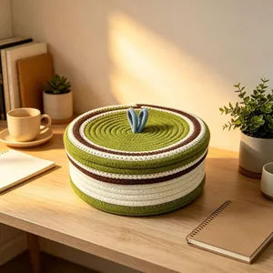 giỏ đựng đồ đa năng sọt mây khay vải giỏ dây thừng cotton có nắp hộp đựng mỹ phẩm để bàn giỏ đựng đồ chơi sọc kẻ caro