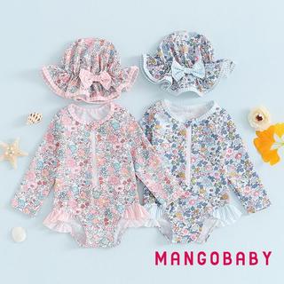 MG-Baby Girl Rash Guard Đồ bơi dài tay in hoa Bộ đồ tắm cho trẻ sơ sinh Đồ bơi có mũ chống nắng nơ
