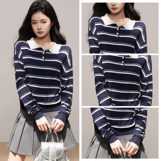 Áo len dài tay cổ bẻ phong cách retro dành cho nữ, kiểu dáng thanh lịch, kẻ sọc.