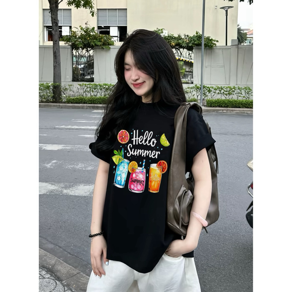 （Giao hàng 24h）Angela Áo Phông Nữ Form Rộng Boxy Cotton 2 Chiều In Hình Hello Summer Ly Nước Trái Cây Phong