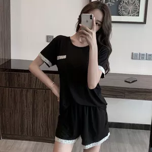 Bộ Đồ Ngủ Nữ Mùa Hè Tay Ngắn Cao Cấp Màu Đen Mỏng Rời Phù Hợp Với Ngọt Ngào Sinh Viên Homewear Có Thể Mặc Bên Ngoài Mùa Hè