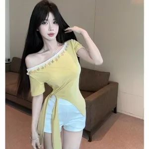 Áo thun ngắn tay một vai phong cách Hàn Quốc mùa hè Phong cách mới Pure Desire buộc dây eo hẹp S