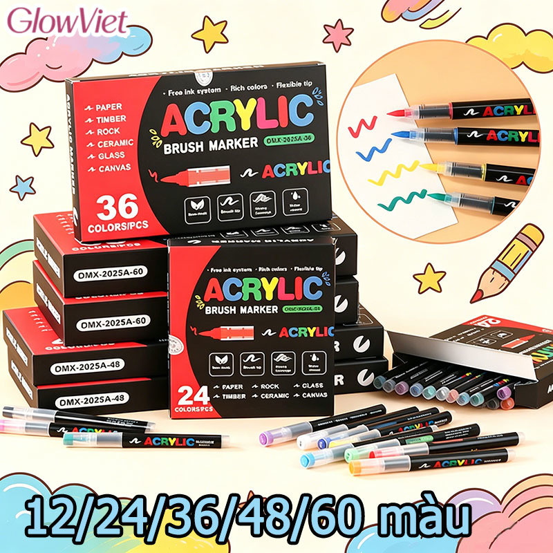 Bút marker acrylic dạng lỏng,12/24/36/48/60 Cây,Mực Lỏng Cho Màu Sắc Rực Rỡ,Bút marker chồng màu được