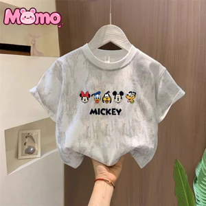 Chuột Mickey in hoạt hình unisex thời trang buộc dây sequin ngắn tay cổ tròn cho bé trai và bé gái