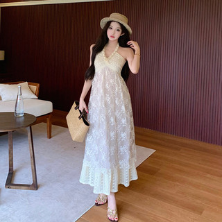 Váy Nữ liền thân cổ chữ V bằng ren thêu cotton dệt dày dặn, kiểu halter, thích hợp cho kỳ nghỉ hè