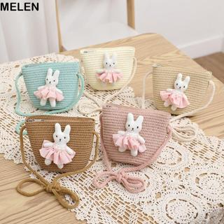 Túi Rơm Mini MELEN, Dây Kéo Hoạt Hình Bunny Kid Túi Messenger, Dễ Thương Handmade Dệt Tiền Xu Đạo Cụ Ảnh Túi Xách Đeo Ngang