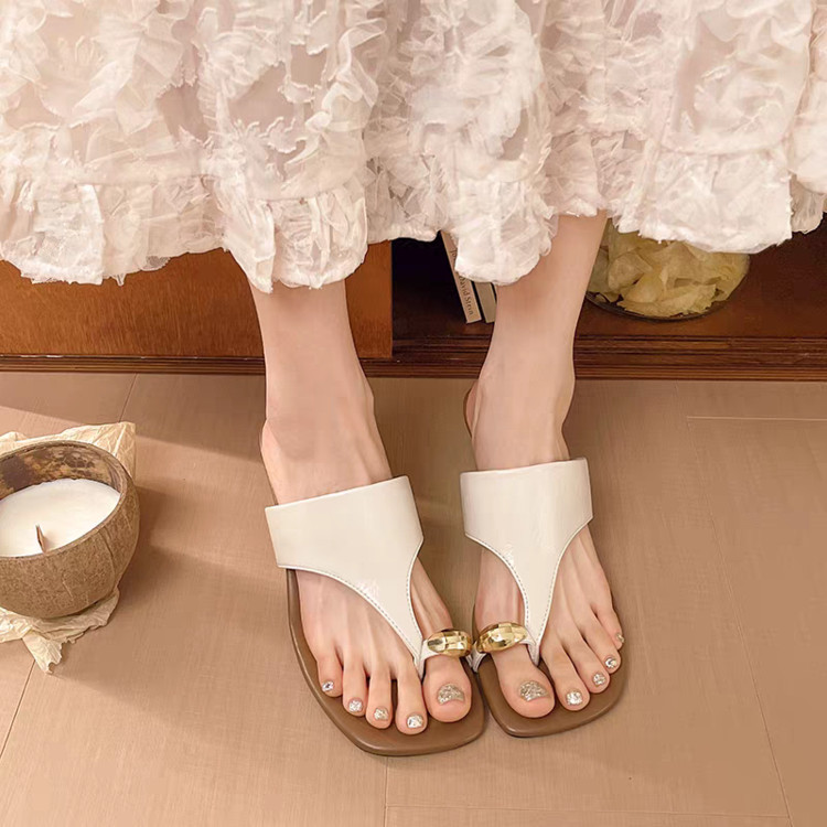 Dép xỏ ngón mũi vuông mùa hè phong cách Hàn Quốc Dép cao gót PU nữ chống trượt mặc ngoài chống mài mòn
