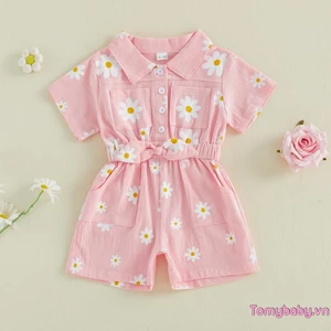 Bộ áo liền quần ngắn tay in họa tiết hoa cho bé gái mới biết đi