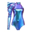 Nyeemya Nữ Kim Loại Sáng Bóng Body Tay Phồng Kịch Tính Tay Dài Một Vai Mock Cổ Bất Đối Xứng Leotard Áo liền quần Cho Hộp Đêm