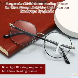 Kính đọc sách chống ánh sáng xanh BRABRAA, Kính mắt vuông đa năng tiến bộ gần xa, Kính siêu thị kim loại chặn màu xanh cổ điển dành cho nam nữ