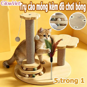 Trụ cào móng kèm đồ chơi bóng,5 trong 1,Giúp mèo cào móng và vui chơi thỏa thích,Giá leo mèo, có lông vũ
