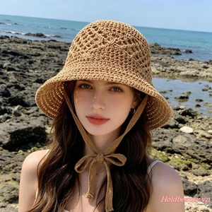 Mũ xô móc nữ màu trơn Cutout Mũ đi biển dệt kim thoáng khí