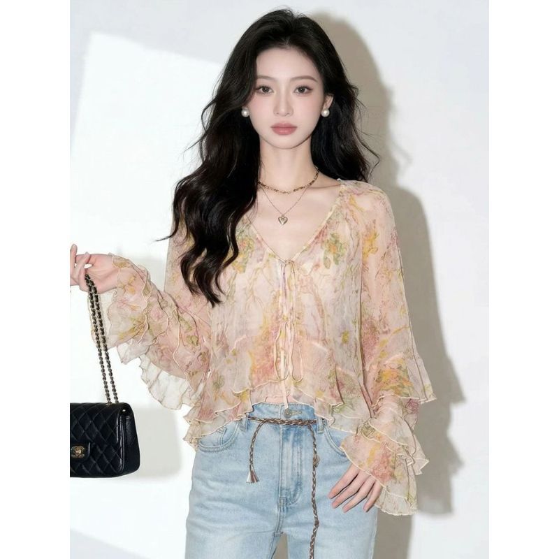 [Khuyến mãi trong thời gian có hạn] Phong cách Hàn Quốc Voan cổ chữ V Xù dài tay Top mỏng Phong cách thoải mái thoáng khí
