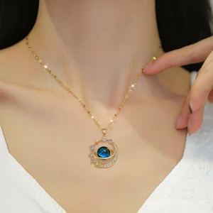 Thời Trang Phong Cách Mới Niche Thiết Kế Nữ Cao Cấp Giả Tưởng Thép Titan Xanh Bầu Trời Đầy Sao Vòng Cổ Ánh Sáng Sang Trọng Xương Đòn Dây Chuyền Bán Buôn Zircon