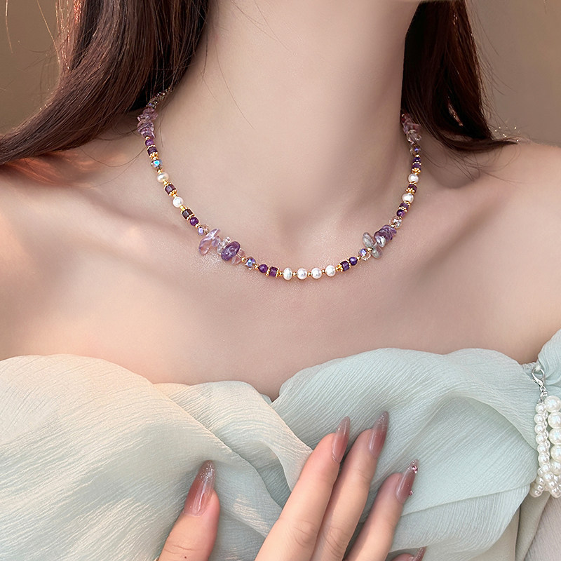 Vòng cổ pha lê tím ngọc trai sang trọng nhẹ nhàng