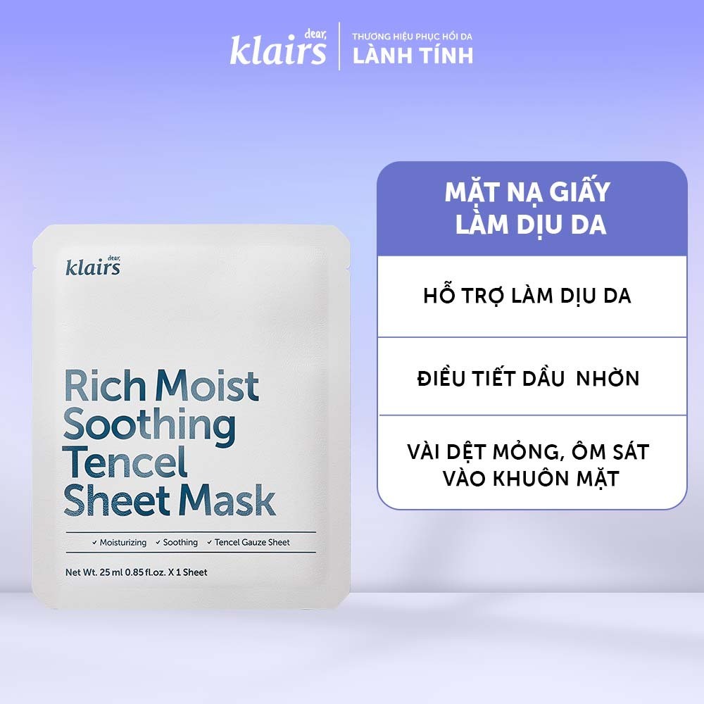 Mặt nạ giấy Dear, Klairs Rich Moist Soothing Tencel Sheet Mask làm dịu phục hồi da 25 ml [FS]
