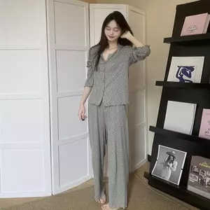ECK Retro Full-print Bộ Đồ Ngủ Hoa Ngọt Ngào Nữ Mùa Hè Cardigan Dài Tay Quần Rời Nhà Quần Áo Phù Hợp Với HOT