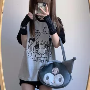 Phong cách mới Châu Á Mèo con in hình Raglan tay ngắn hai chiều Anime dáng rộng cổ tròn