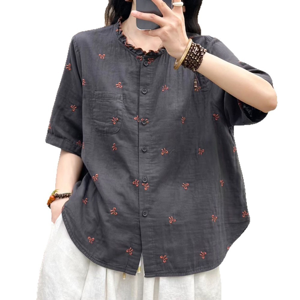 Áo Sơ Mi Nữ Cổ Nấm Tay Ngắn Chất Lượng Cao Sợi Cotton, Hoa Rời, Size Lớn
