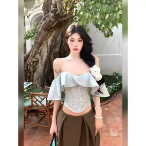 Áo yếm một vai in màu xanh Pháp dành cho nữ Xuân Hè Xù Áo ngắn Hot Girl dáng rộng hẹp