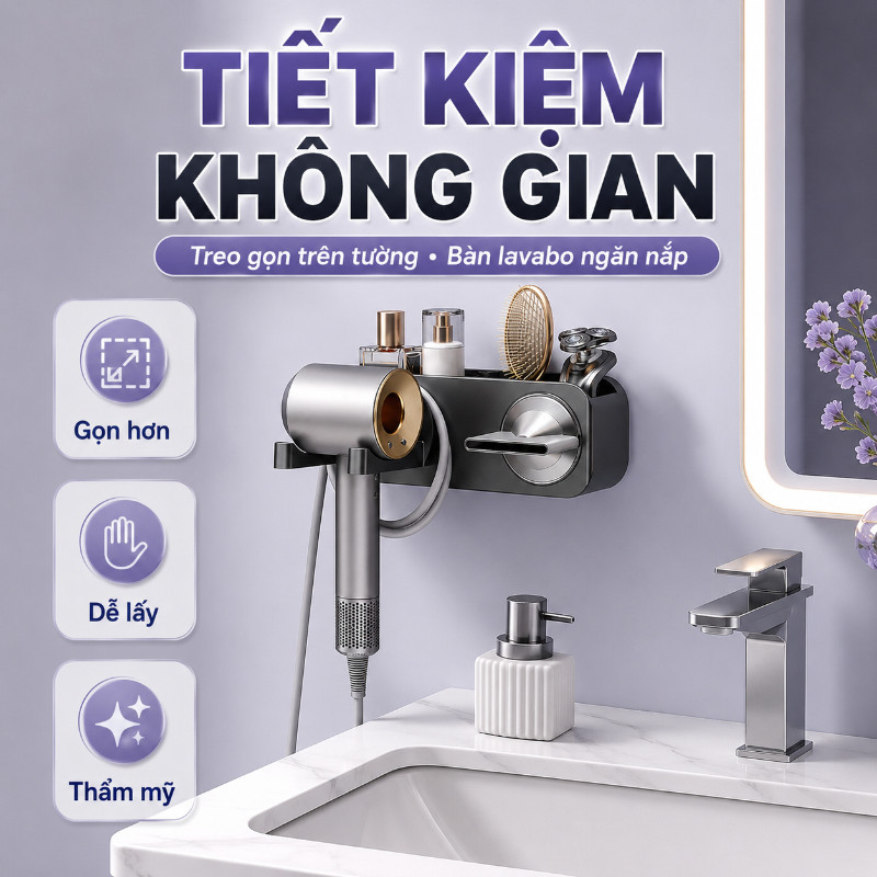 Giá Đỡ Máy Sấy Tóc Treo Tường – Nhôm Hàng Không ABS, Dán Tường, Có Khe Móc Dây Điện & Ngăn Đựng Đồ