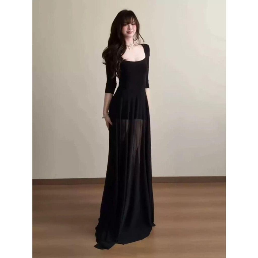 [Mặc nhỏ dễ thương] Váy gạc cổ vuông thuần khiết của Pháp Hot Girl màu đen Slim-fit Hip-packed Phiên bản dài mùa hè Slimmer Look Váy dài