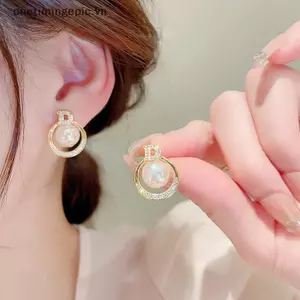 VFZ Thanh Lịch Giả Ngọc Trai Zircon Bông Tai Thời Trang Đơn Giản Hình Học Bông Tai Tròn Tiệc Cưới Trang Sức Quà Tặng Cho Nữ OTE