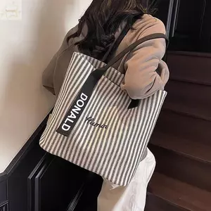 Túi đeo vai AWNGD, Túi Tote đa chức năng sọc, Túi đi lại dung tích lớn bằng vải Canvas thời trang dành cho nữ