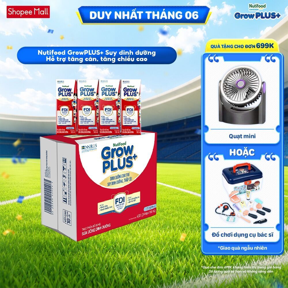 Thùng 24 hộp SBPS Nutifood GrowPLUS+ Suy Dinh Dưỡng (Đỏ) Ít đường 180ml - Tăng Cân, Tăng Chiều Cao (Bao bì tùy lô hàng)