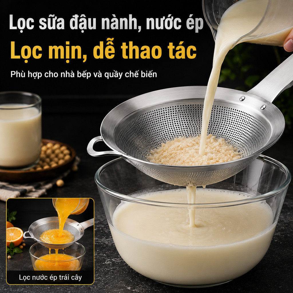 Rây Lọc Inox 304 Đa Năng - Lưới Lọc Cháo, Lọc Cua, Vớt Bọt Lẩu, Tách Dầu Mỡ, Muôi Thủng, Dễ Vệ Sinh