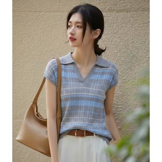 Pháp Sọc Cổ POLO Dệt Kim Tay Ngắn Thoải Mái Thoáng Khí Tính Khí Nhẹ Nhàng Khí Hàng Ngày Phù Hợp Với Áo Thun Mới Top