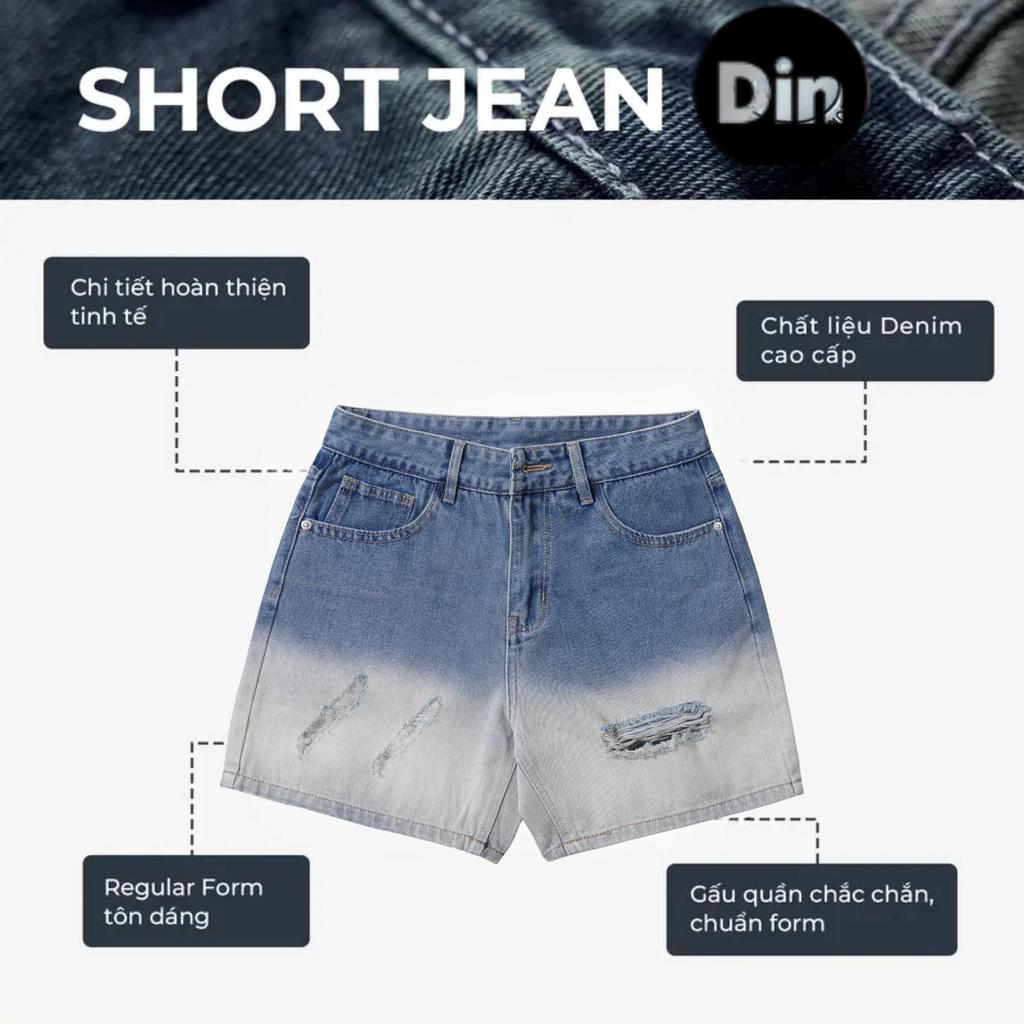 Quần Short Jean Nam DIN, Quần Đùi Xanh Rách Nhẹ Form Trên Gối, Thoải Mái Dễ Mặc, Phong Cách Streetwear Cá Tính JD68