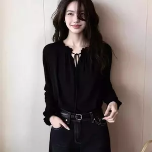 Thiết kế kiểu Pháp Feel Black Áo dài tay dành cho nữ mùa xuân Phong cách mới buộc dây dáng ôm hơn Tính khí Thời trang Tuổi-