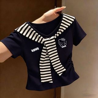 Bé Gái Mùa Hè 2026 Mới Màu Sắc Tương Phản Khăn Choàng Cổ Chữ v Áo Thun Ngắn Tay Trẻ Em Bé Hẹp Xếp Ly Ngắn Top