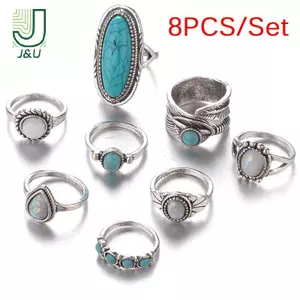 8 Cái / bộ Nhẫn Bạc Ngọc lam Nữ Bohemian Nhẫn Opal Quà Cưới