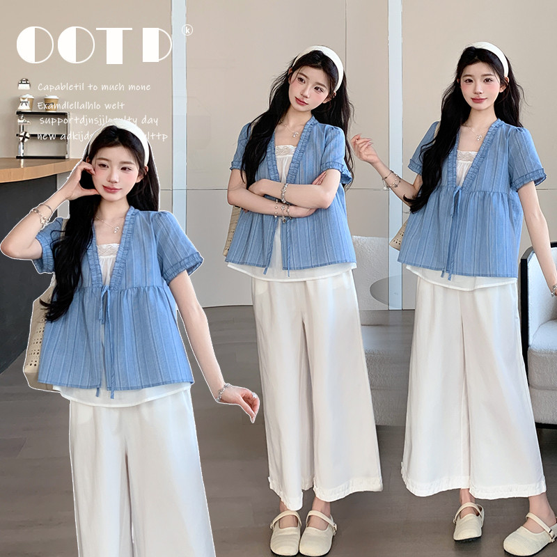 Bộ đồ bà bầu Mùa hè Nấm cạnh dáng rộng Áo sơ mi em bé + Quần ren Bộ đồ hai mảnh